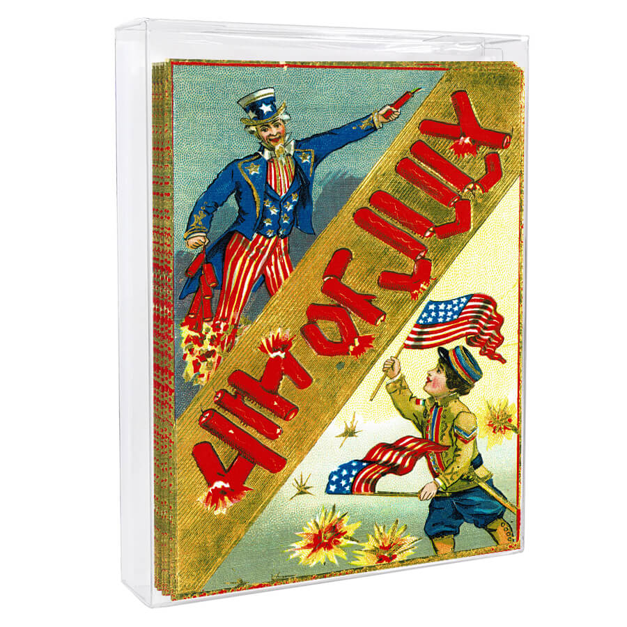 Vintage patriotic book cover featuring Uncle Sam and a child with American flags.