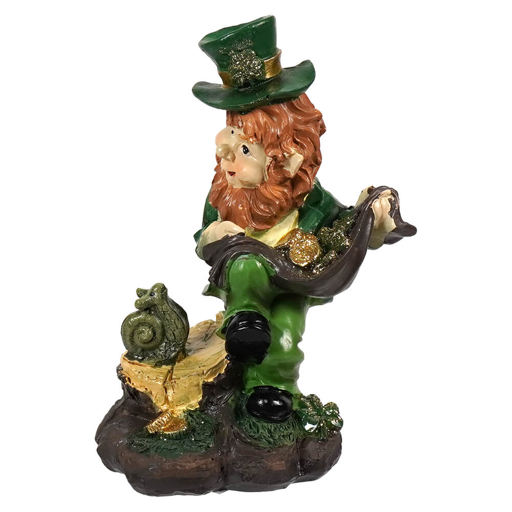 5.25 inch green resin leprechaun statue with gold accents and red hair for patrick’s day collection display