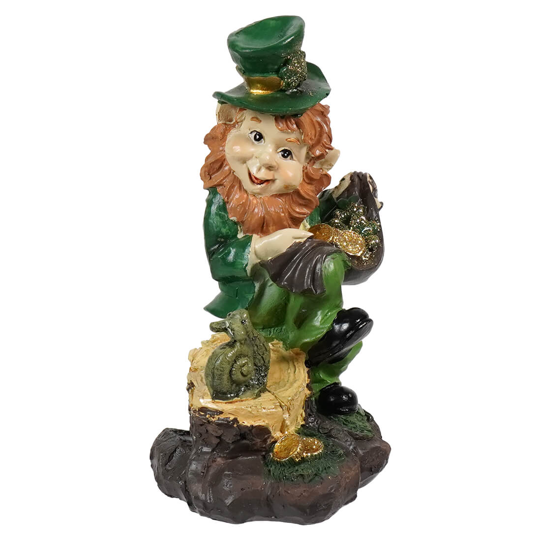 A cheerful green resin leprechaun statue with red beard and gold accents perfect for st patricks day collection