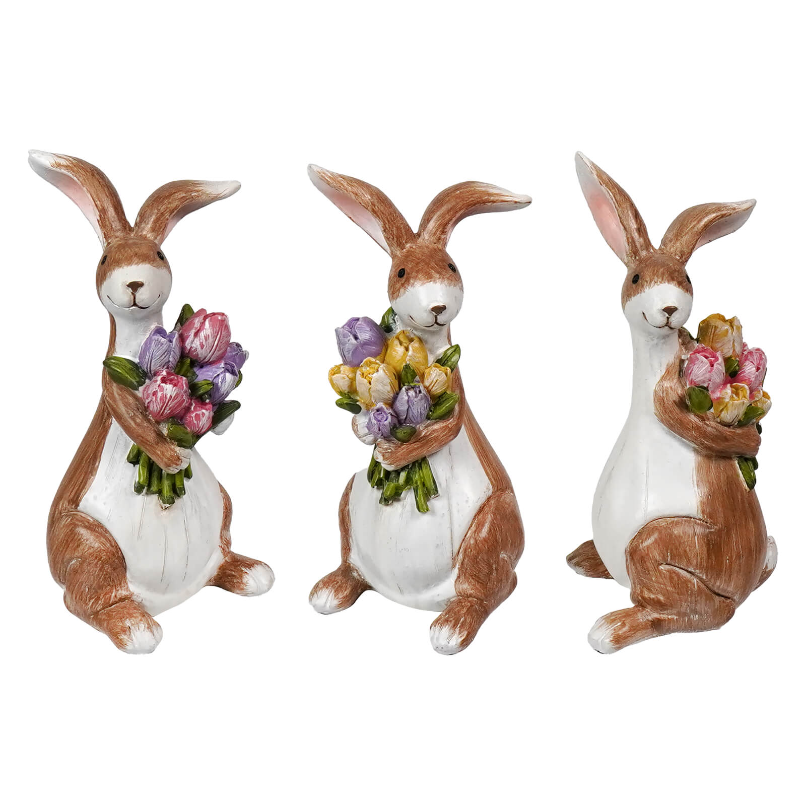 Three charming 5.5 resin easter bunnies clutching spring flower bouquets in soft pastel colors set of 3