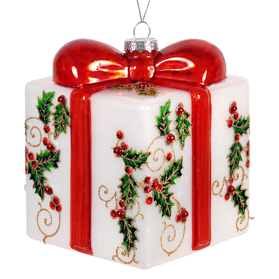 5 inch glass holly gift box ornament in glossy white with red ribbons green holly leaves and gold swirls by regency international christmas
