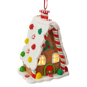 5 inch led lighted claydough gingerbread a frame house ornament with candy cane pillars and glowing windows