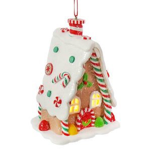 A 5 inch led lighted claydough gingerbread a frame house ornament with red candy canes green peppermint and glowing windows