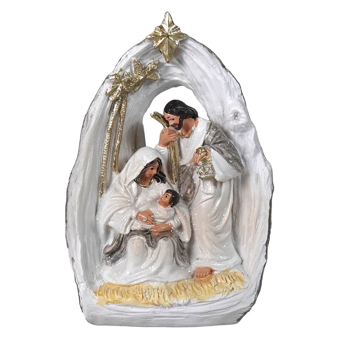 5 resin holy family nativity scene with white and gold resin figures of mary joseph and baby jesus under star canopy