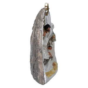 5 inch white resin holy family nativity scene with gold accents and textured details perfect for religious decor