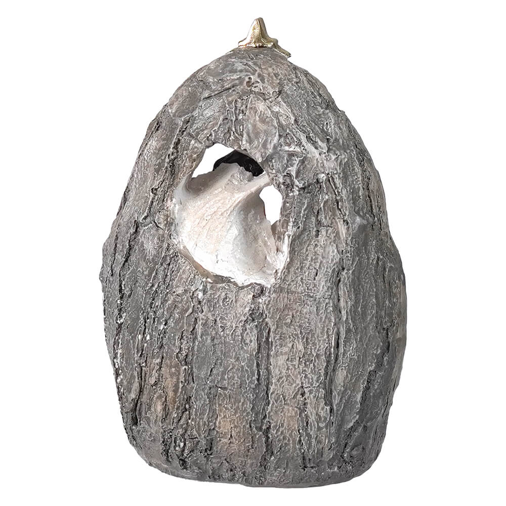 Gray textured resin holy family nativity sculpture with metallic gold cracked egg accent for religious decor
