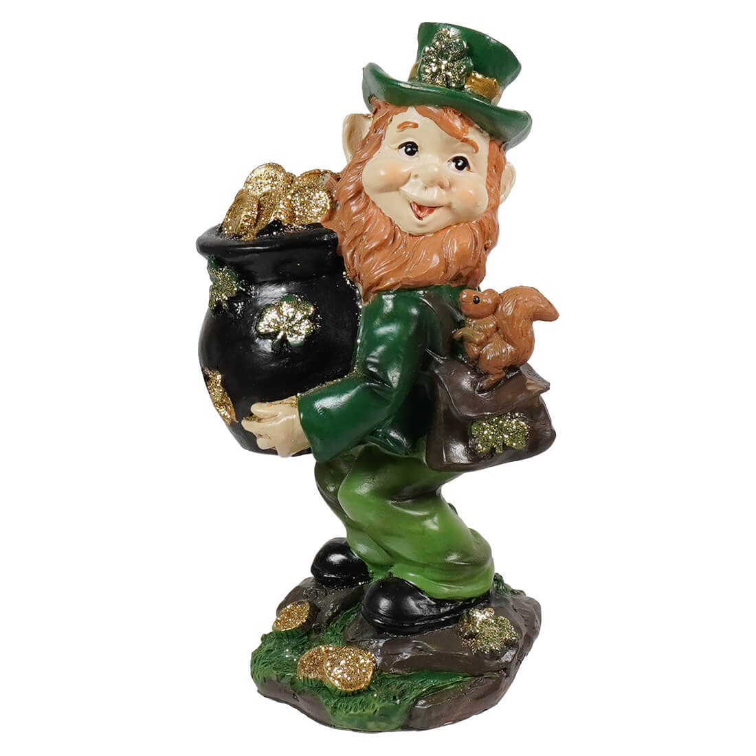5 resin leprechaun statue with red beard wearing glittery green hat holding pot of gold for patricks day collection spreading holiday cheer