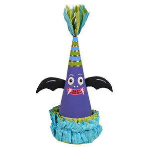 Purple spooky bat mini cone party hat with bat wings green blue stripes pink teeth black eyes and fringed trim