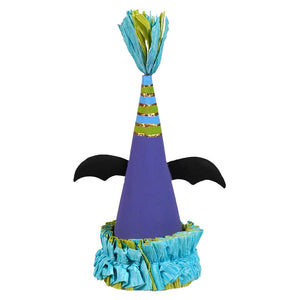 Purple spooky bat mini cone party hat with black bat wings blue green fringe and gold foil stripes