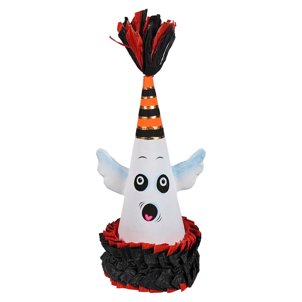 5 inch spooky ghost mini cone party hat in white with black fringe for halloween ghost figures decor and ornaments