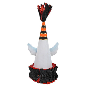 White conical 5 inch mini cone party hat with blue wings orange black banding and red black fringes for spooky ghost mini decor