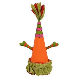 A vibrant orange spooky pumpkin mini cone party hat with green pink striped bands and fringed ruffles