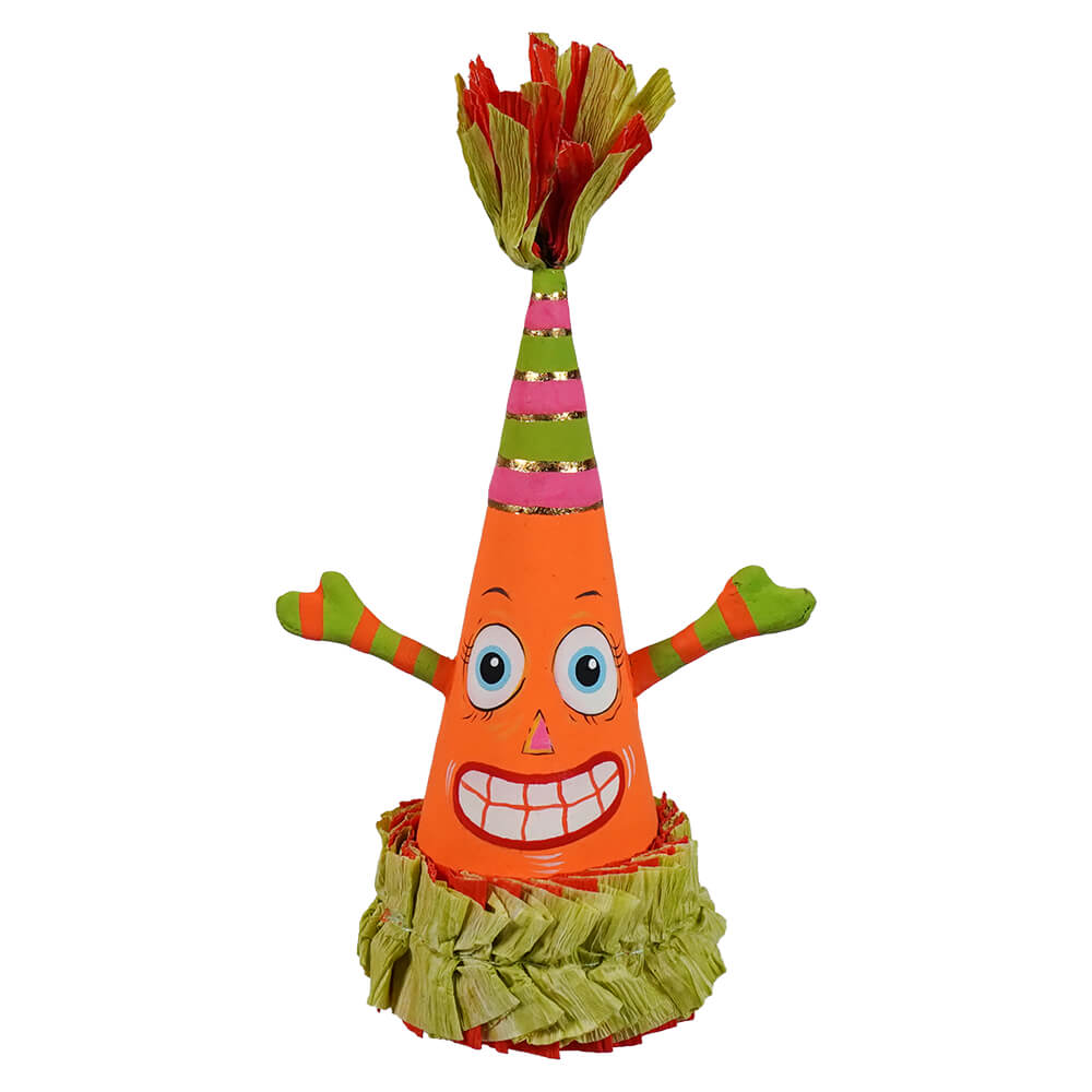 Orange cone party hat with smiling face and colorful details perfect for spooky pumpkin mini cone party fun
