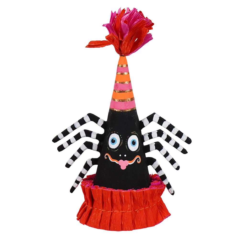 Whimsical spooky spider mini cone party hat in black and orange perfect for a fun spooky mini cone party celebration