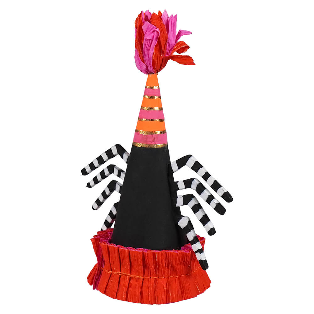 A festive 5 inch spooky spider mini cone party hat with a black cone, orange pink stripes, and spider leg details