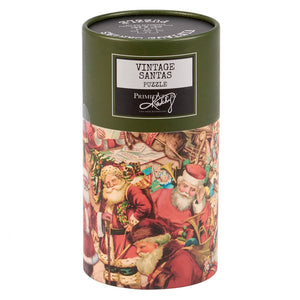 Vintage santas puzzle in a cylindrical vintage santa container perfect for christmas jigsaw puzzles fans