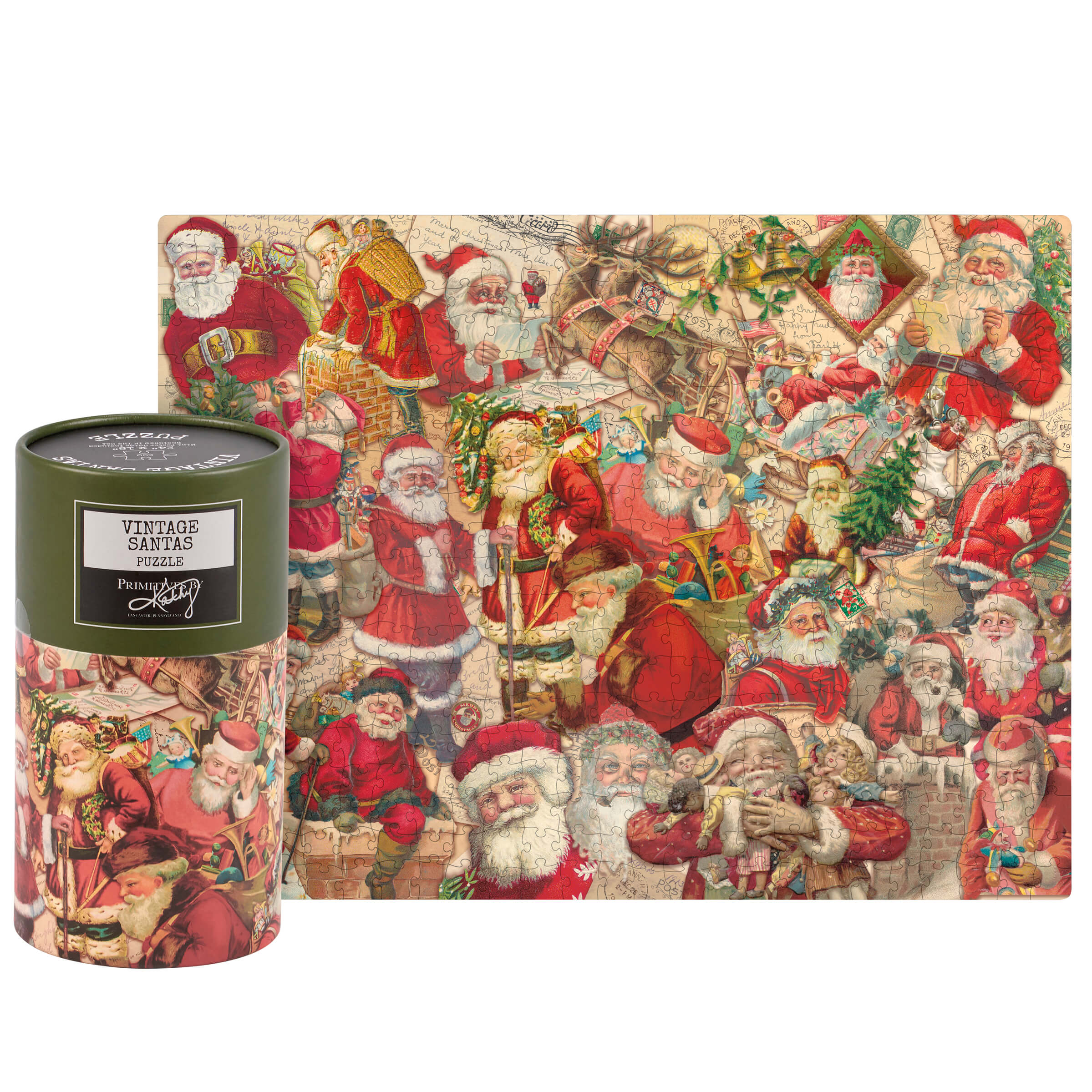 Vintage santas puzzle in a green cylindrical container with a colorful illustration of multiple santas in red and white suits