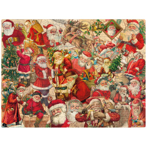 A vibrant red and white 500 piece vintage santas puzzle featuring festive scenes with reindeer and christmas trees