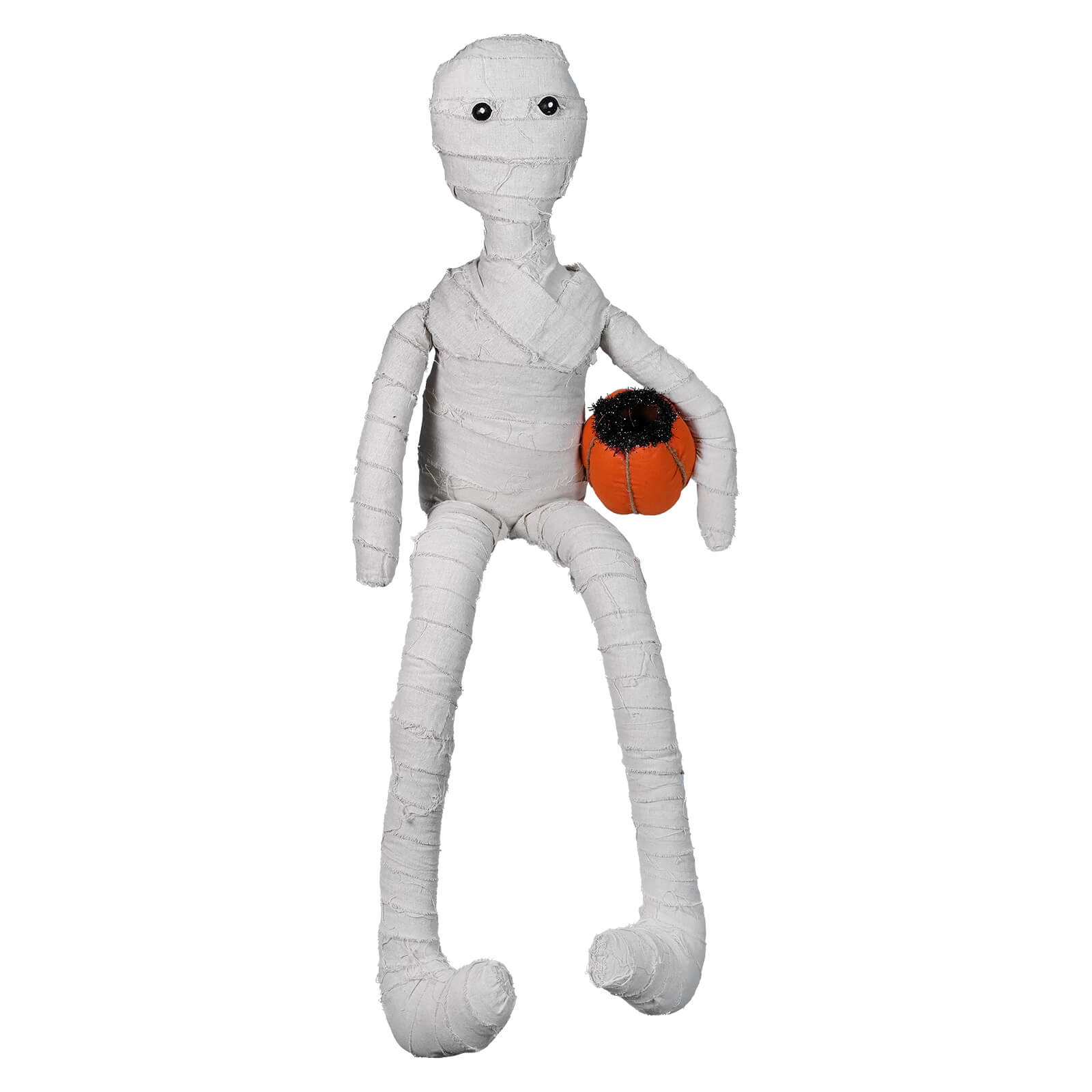 A large fabric mumford white mummy greeter with black button eyes wrapped in textured fabric from transpac halloween collection