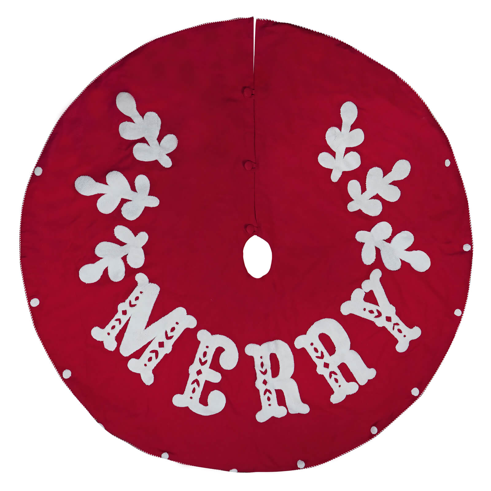 Red felt christmas tree red skirt with white merry text and holly design perfect for christmas tree skirts and rugs
