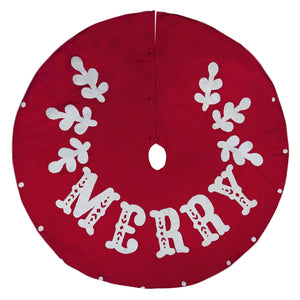 Red felt christmas tree red skirt with white merry text and holly design perfect for christmas tree skirts and rugs