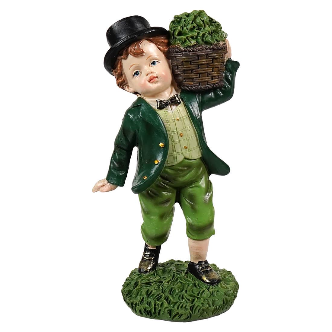 Glossy green resin smartly dressed irish boy statue wearing a black top hat and holding a basket of greenery