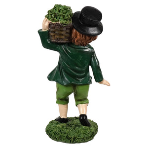 Green resin smartly dressed irish boy statue with black top hat carrying woven basket of green plants