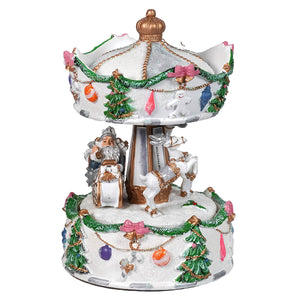 White and gold musical christmas carousel with animated santa, miniature trees, and festive ornaments perfect for lighted christmas village decor