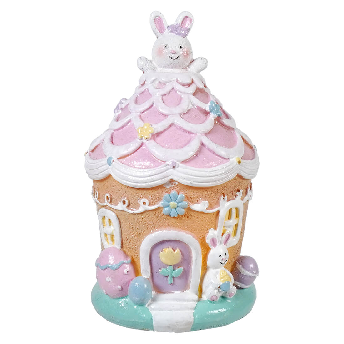 6.5 inch lighted resin easter bunny house figurine in pink ice cream design perfect for spring decor