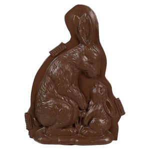 A rich dark resin chocolate bunny with detailed texture and a smaller attached rabbit from regency international easter bunny mold