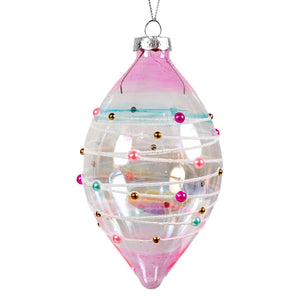 6 inch bubble gum finial glass ornament with translucent pink and clear iridescent swirls and vintage reflector beads