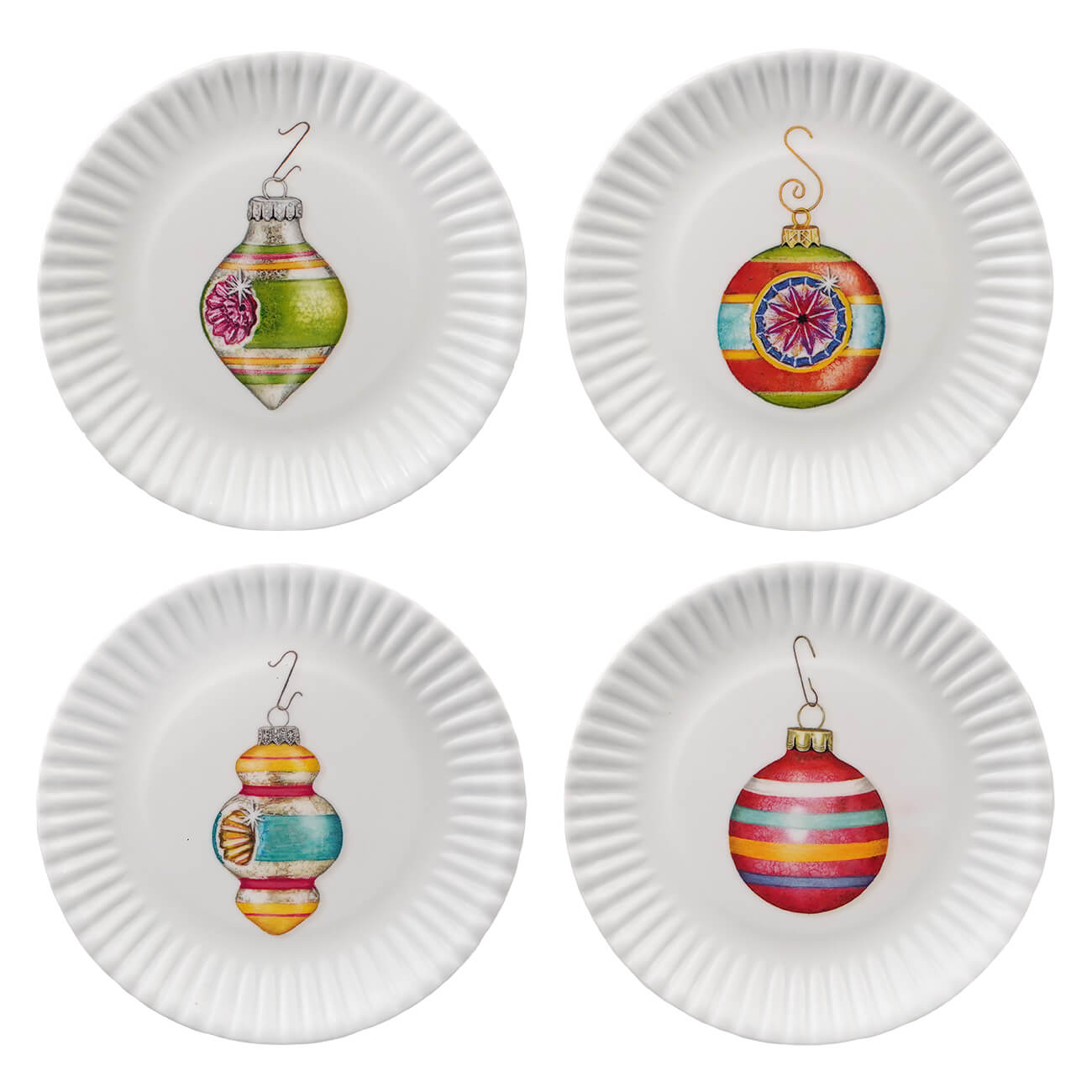 Set of four white melamine plates featuring colorful christmas ornament paper designs with metallic hooks
