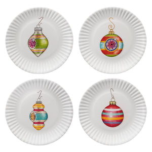 Set of four white melamine plates featuring colorful christmas ornament paper designs with metallic hooks
