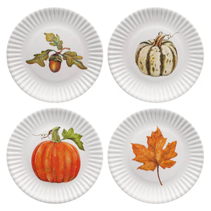 Set of four white scalloped melamine plates with pumpkin autumn designs for fall hors doeuvres use