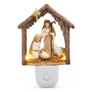 6 inch rustic glitter-frosted holy night night light with mary joseph baby jesus sheep under starry stable roof perfect for christmas night lights and lighted decor