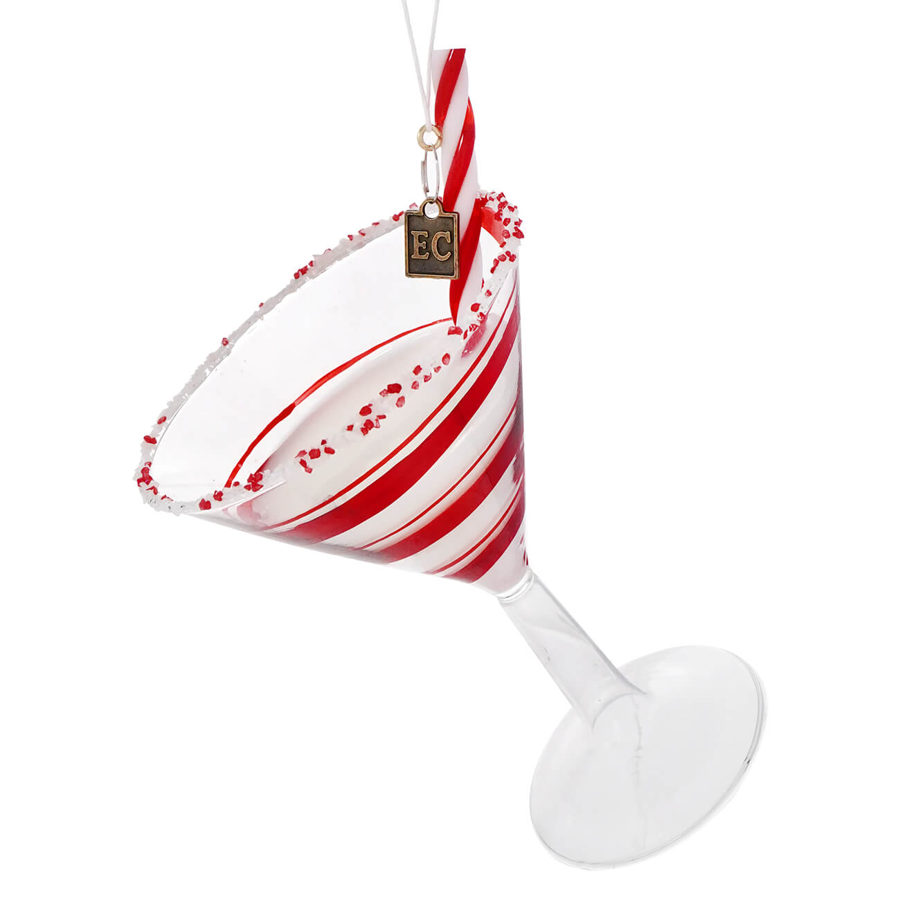 6 inch clear glass peppermint cocktail ornament with candy cane stripes and sugared rim perfect for beverage and drink ornaments
