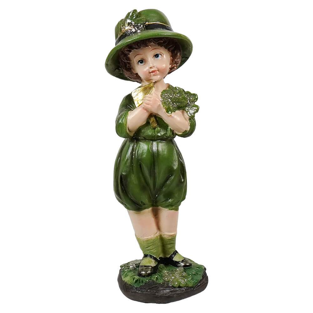 6 inch resin irish boy statue in green outfit clutching clovers and wearing a hat made of green resin