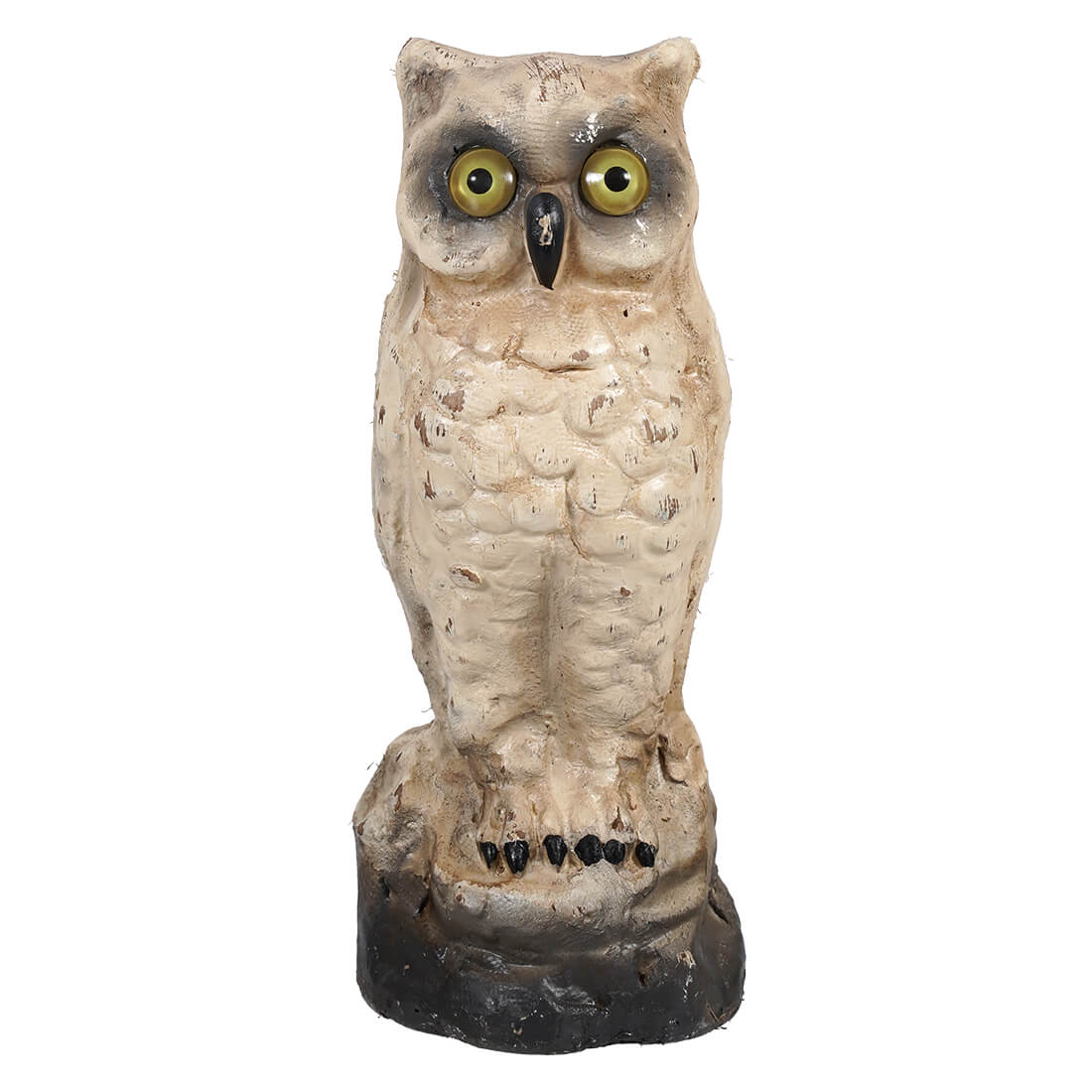Vintage white owl weathered beige owl decoy with bright yellow eyes and black beak by ragon house design on dark base