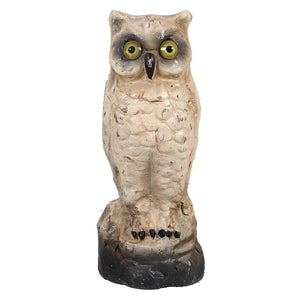 Vintage white owl weathered beige owl decoy with bright yellow eyes and black beak by ragon house design on dark base
