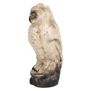 6 inch vintage white owl statue made of textured resin with yellow eye and black beak by ragon house design