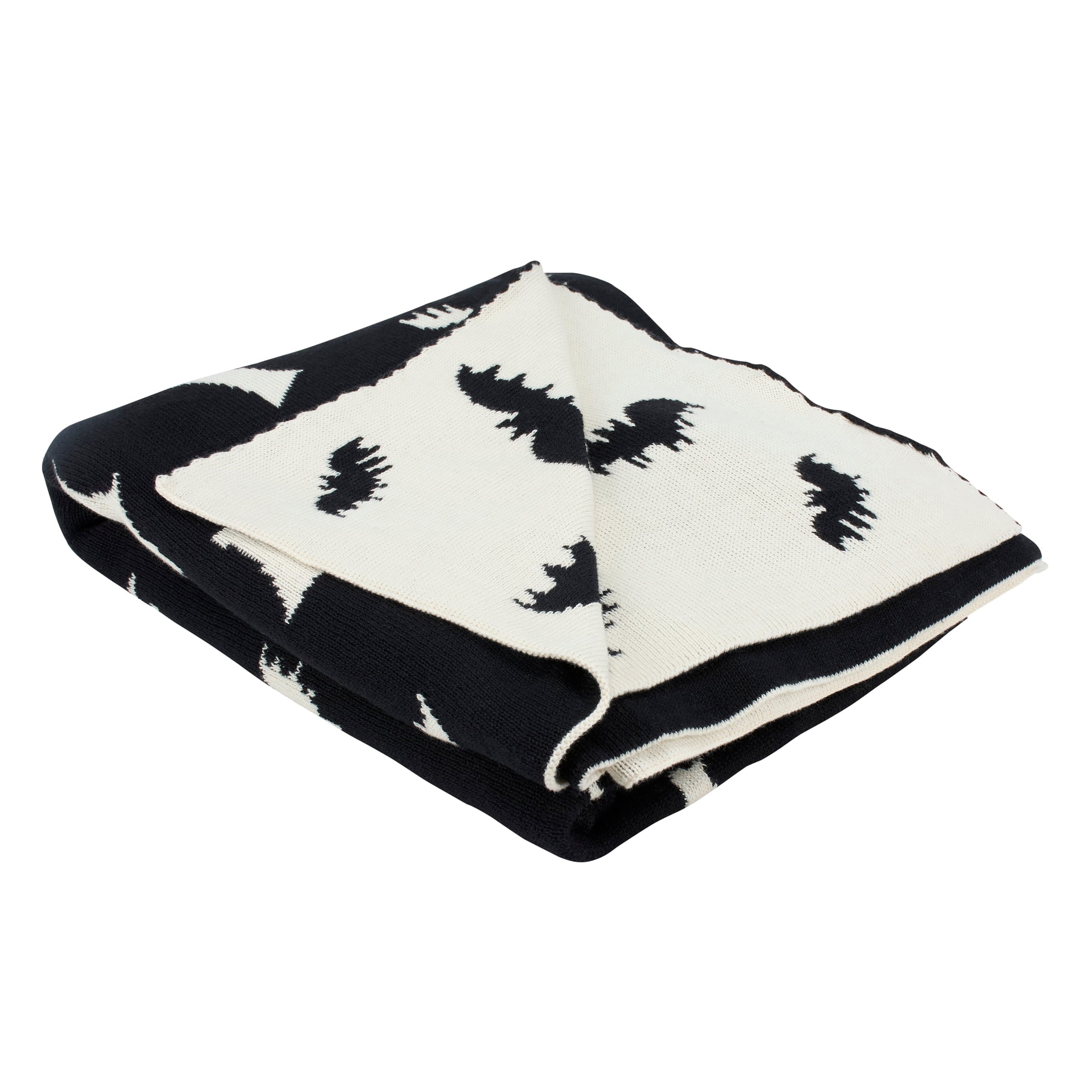 Black and white knitted bats throw blanket with bat silhouettes perfect for cozy home decor and spooky vibes