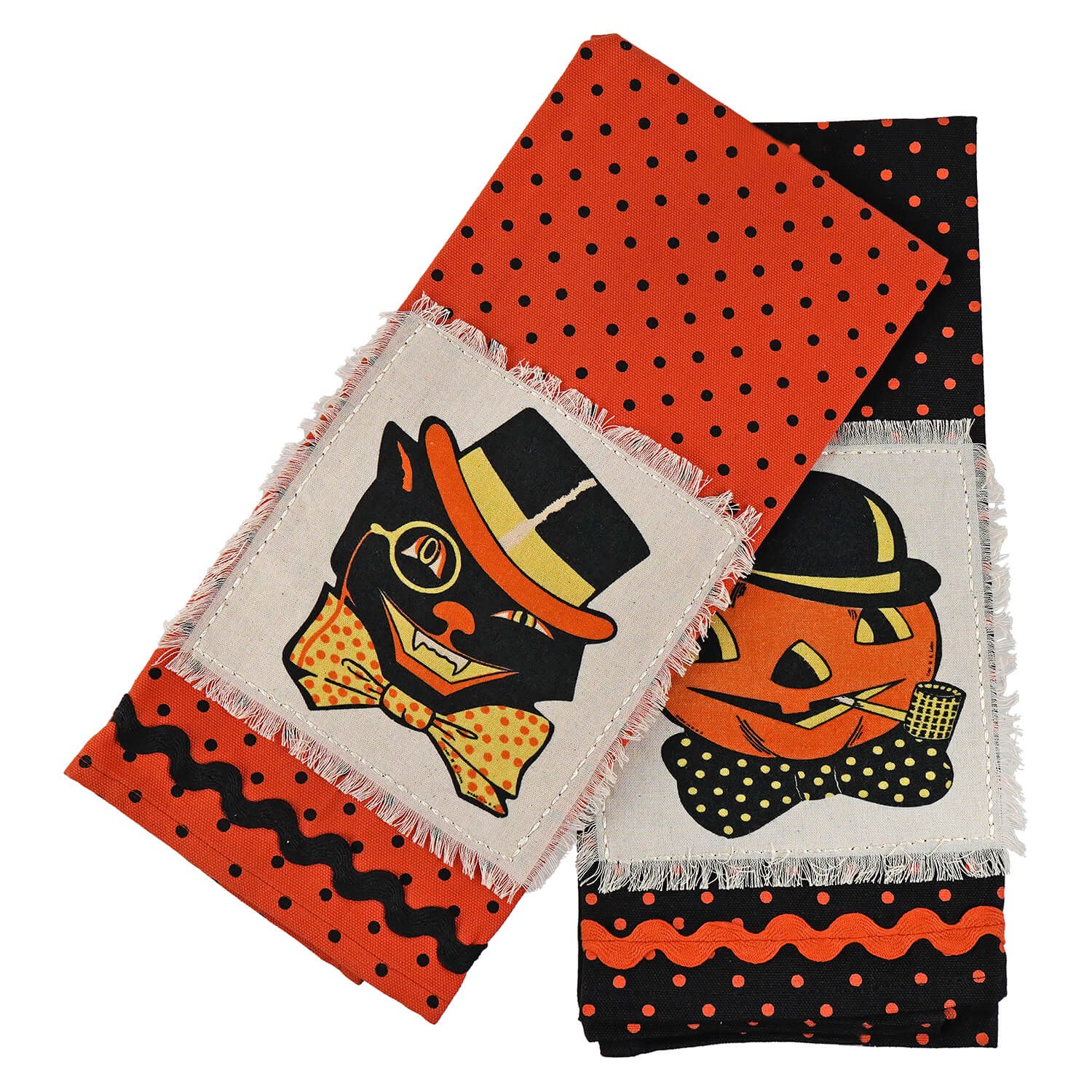 27" Spooky Whimsy Retro Black Cat & Jack-O'-Lantern Tea Towels Set/2