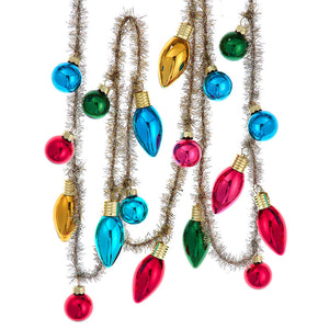 A 6ft gold tinsel garland with colorful glass c7 bulbs perfect as a festive christmas light garland or bulb garland