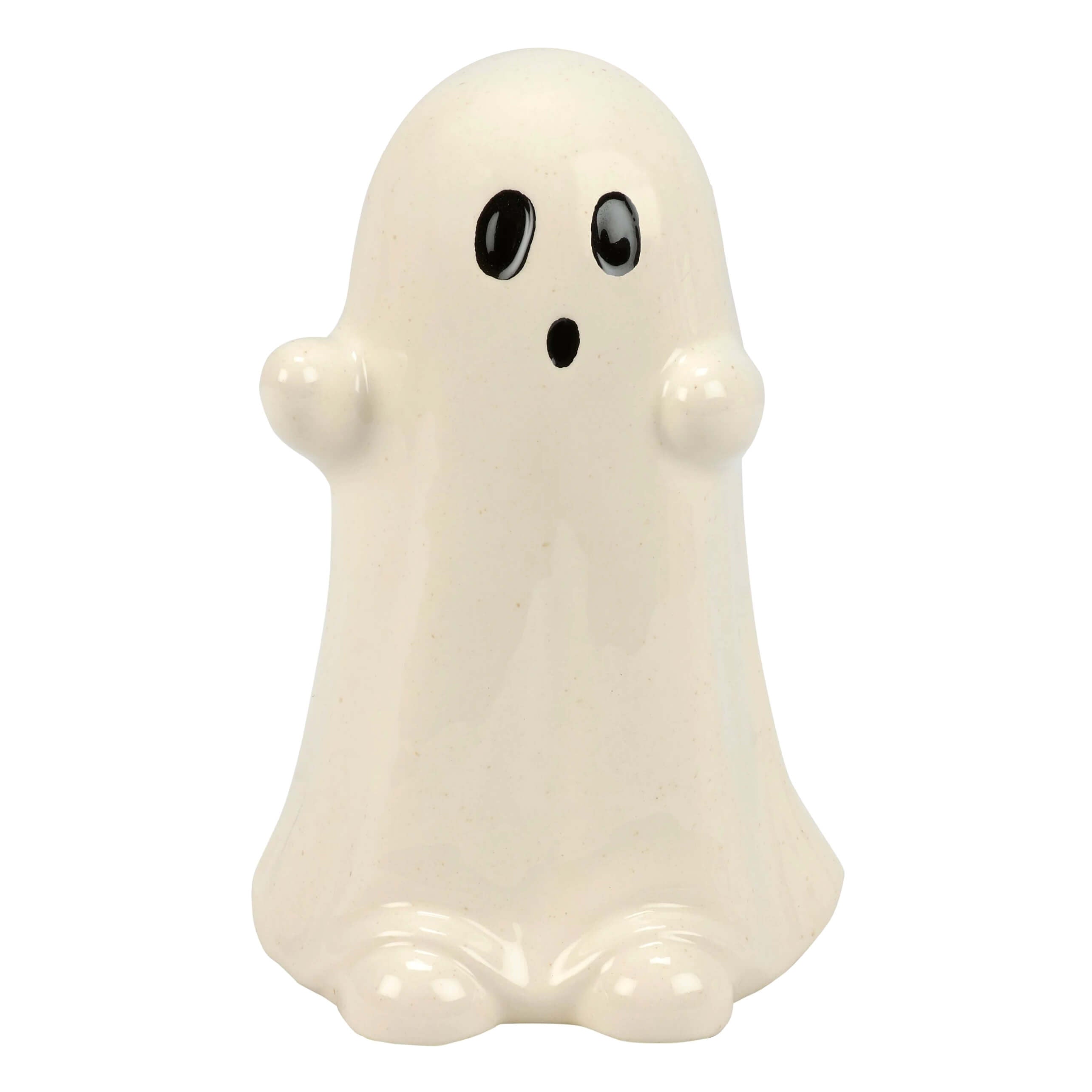 7.25 inch smooth off-white ceramic ghost figurine with glossy black eyes and mouth perfect for halloween ghost figures