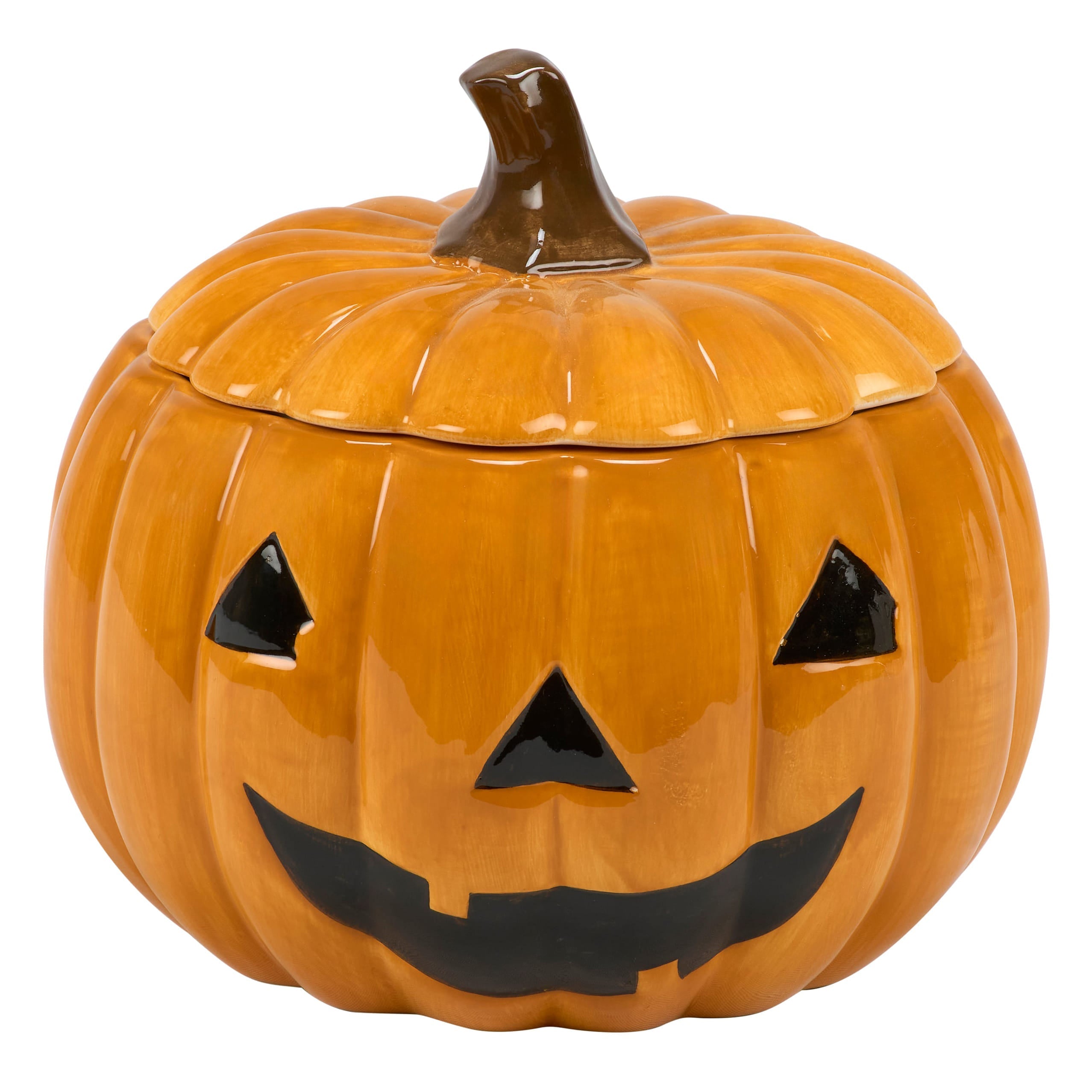 Orange ceramic jack o lantern cookie jar with black triangular eyes nose and smiling mouth for halloween treats