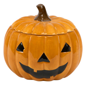 Orange ceramic jack o lantern cookie jar with black triangular eyes nose and smiling mouth for halloween treats