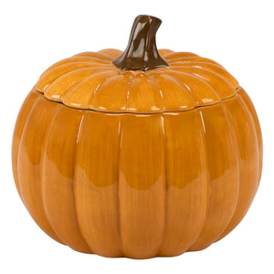 Glossy orange ceramic jack o lantern cookie jar shaped like a pumpkin with a dark brown stem lid perfect for treats