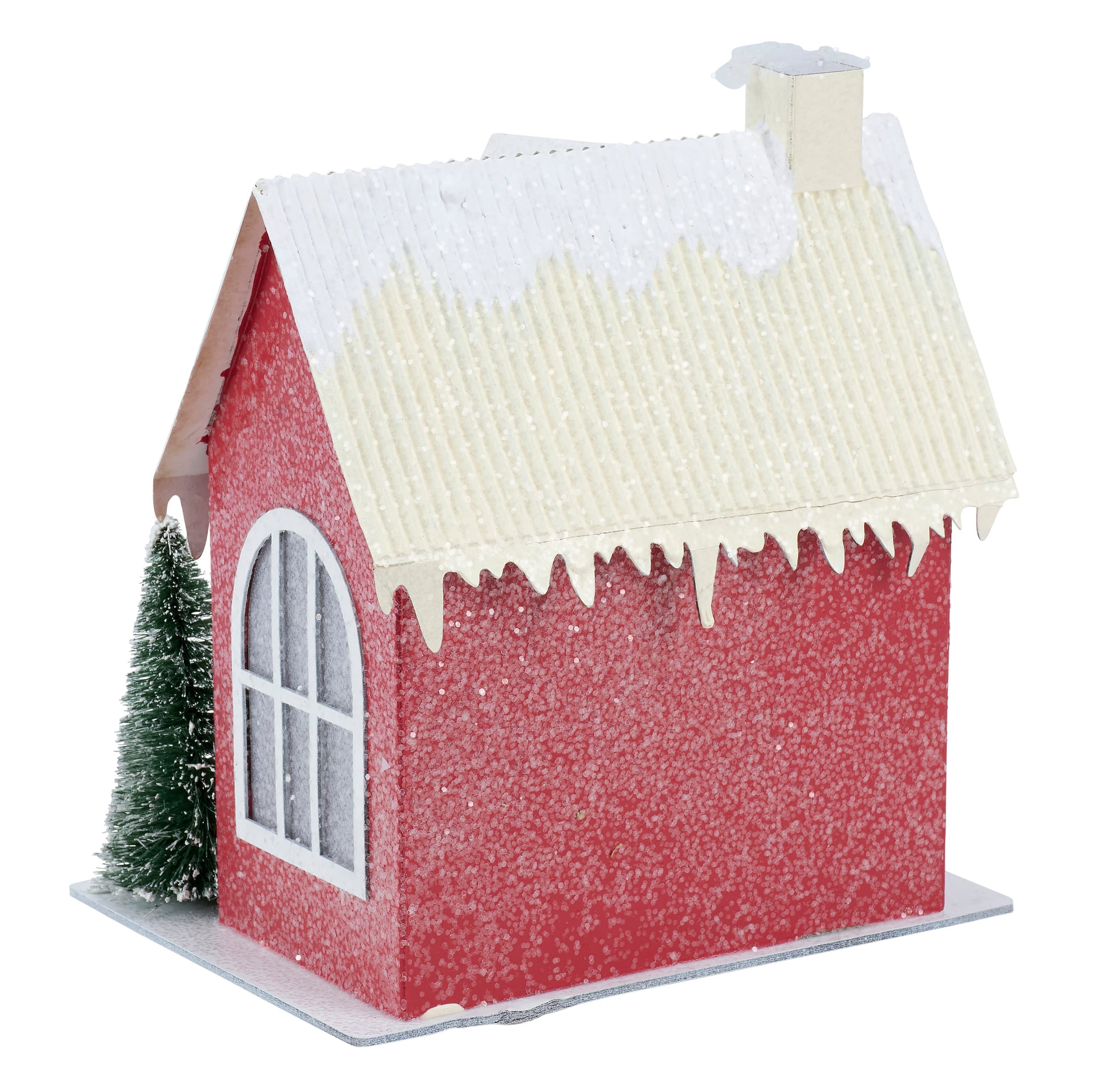 Lighted red house sitter featuring a red glittery house with white roof and icicle details perfect for holiday decor