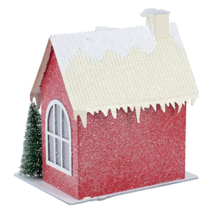 Lighted red house sitter featuring a red glittery house with white roof and icicle details perfect for holiday decor