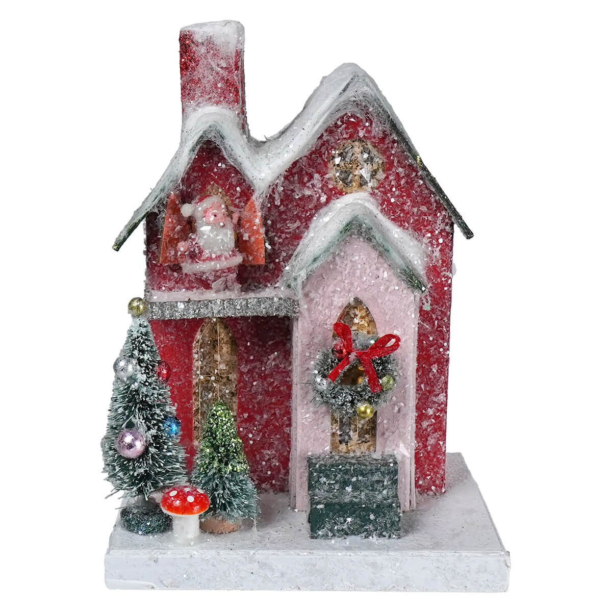 Lighted red house 7.25 inch glittery vintage reproduction christmas village house with santa and ragon house design